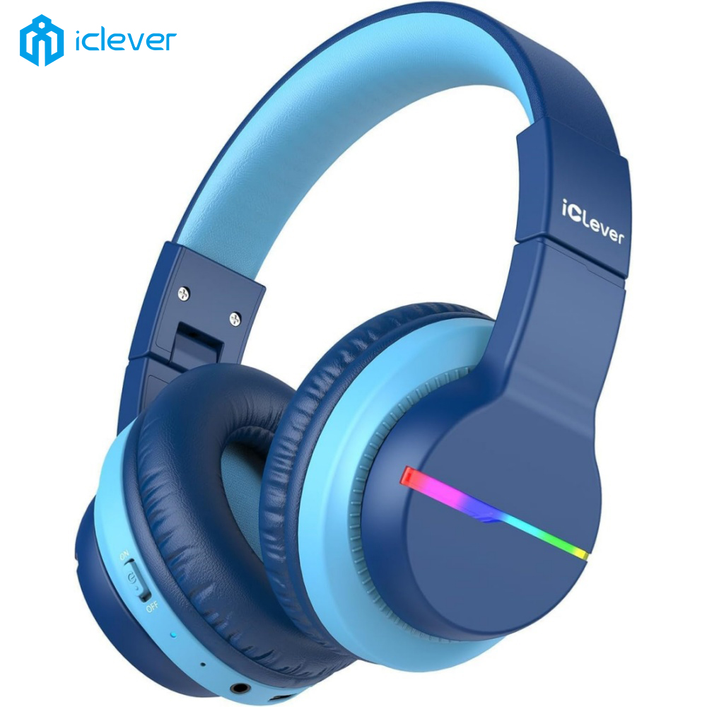 Anc Wireless Over Ear Headphones - iClever BTH12 キッズ用Bluetoothヘッドホン。連続再生時間85時間、LEDライト、SafeSound機能、内蔵マイク、ワイヤレスで耳にフィットし、旅行や通学に最適。