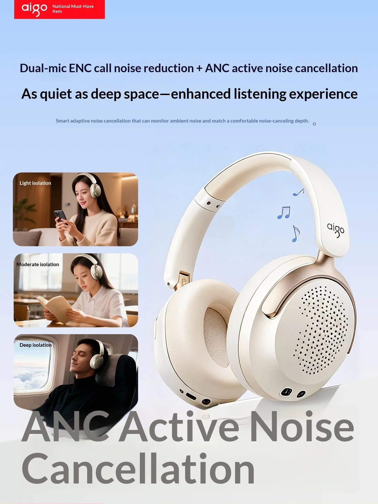 Aigo WE500 Bluetoothオーバーイヤーヘッド - Anc Wireless Over Ear Headphones のレビューと価格